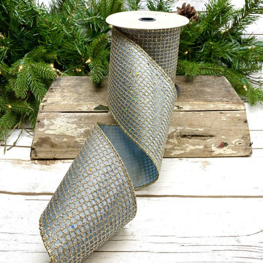 D. Stevens 4" x 10yds Taffeta Glitter Mesh – Platinum/Blue