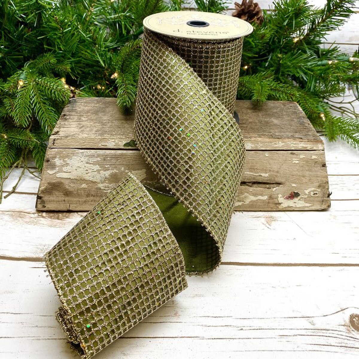 4" x 10 Yards Taffeta Glitter Mesh Ribbon – Platinum/Sage Green