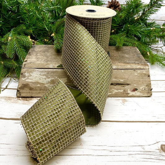 4" x 10 Yards Taffeta Glitter Mesh Ribbon – Platinum/Sage Green