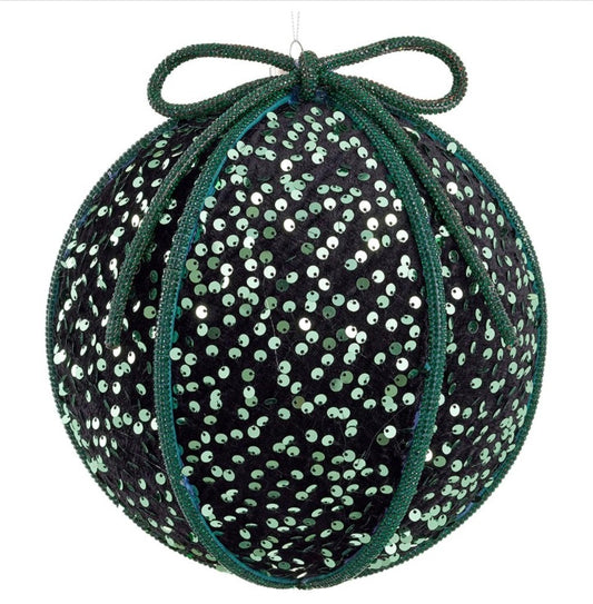 8” Sequin Ball Ornament with Diamond Bow – Green