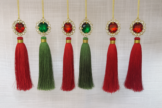 Set of (6) Gemstone Tassel Ornaments – Red & Green