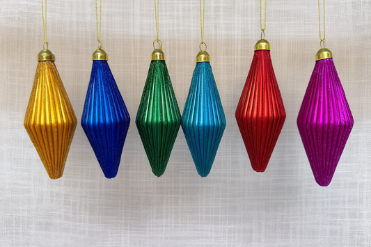Set of (11) Jewel-Toned Ribbed Drop Ornaments