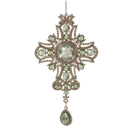 5” Rhinestone Cross Ornament – Silver Green