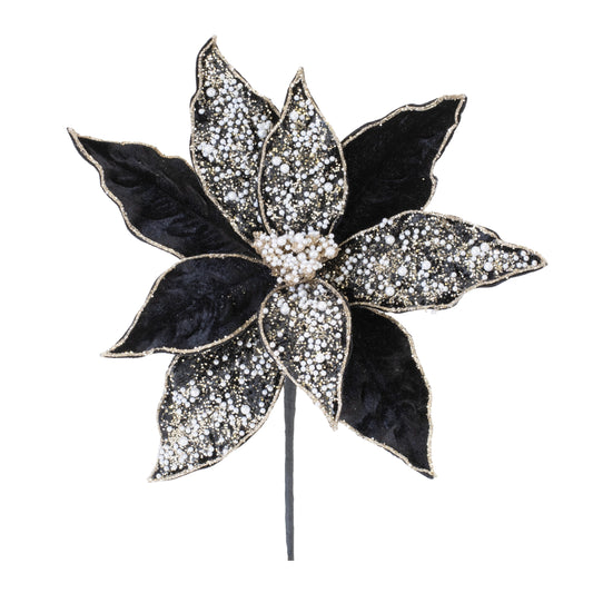 Black Tie Beaded Velvet Poinsettia Stem – 22"