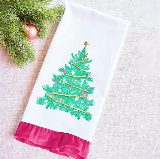 Mary Square | Printed Christmas Tree Tea Towel with Embroidered Accents