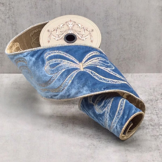 D. Stevens 4" x 5yds Velvet Gold Embroidery Bows – Dusty Blue