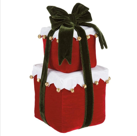 13” Stacking Velvet Gift Box with Jingle Bells – Red & White