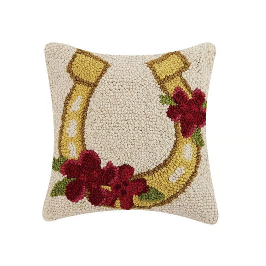 Gold Horseshoe with  Flowers Hook Pillow – 10" x 10"