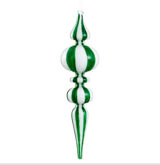 10” Green & White Glass Finial Ornament
