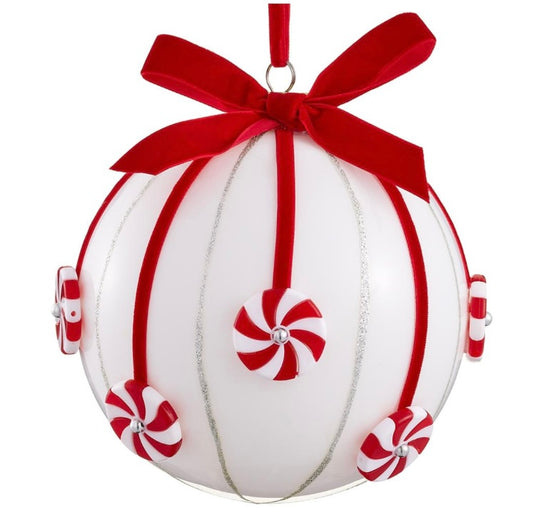 6” Candy Glass Ball Ornament – White & Red