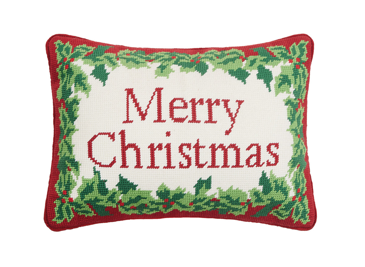 Merry Christmas Holly Needlepoint Pillow – 9" x 16"