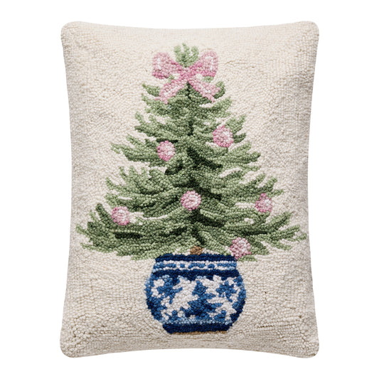 Chinoiserie Potted Christmas Tree Hook Pillow – 14" x 18"