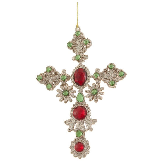 7” Glittered Rhinestone Cross Ornament – Red & Green