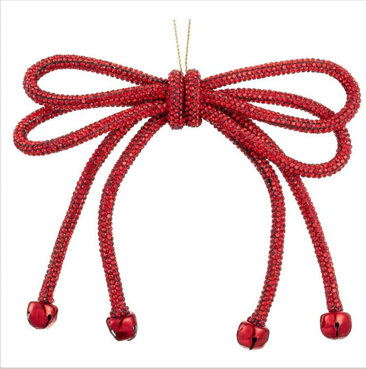 5.5” Sparkle Bow Ornament with Bells – Red