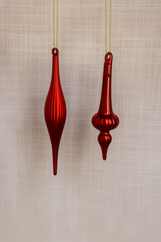 Set of (7) Red Ribbed Finial Ornaments – Mixed Shapes