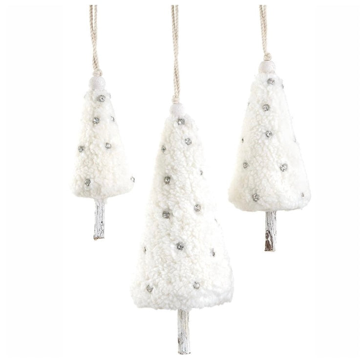 Jeweled Fleece Tree Ornament Set – Cream & Silver (Set of 3)