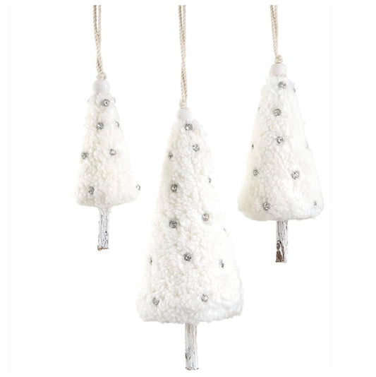 Jeweled Fleece Tree Ornament Set – Cream & Silver (Set of 3)