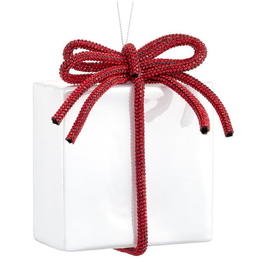 4.5” Pearl Glass Present Ornament with Diamond Bow – Red Trim