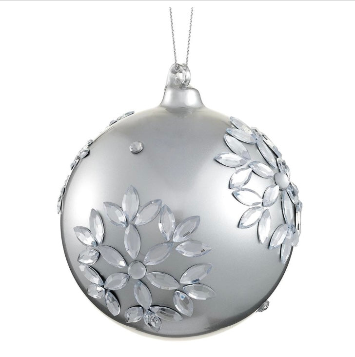 4.75” Rhinestone Snowflake Glass Ball Ornament – Silver