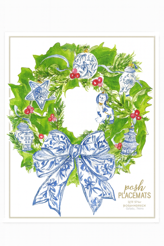 Blue Chinoiserie Wreath Die-Cut Paper Placemats – 10 Pack
