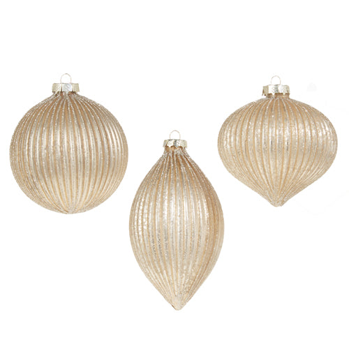 4" Champagne Ribbed Ornaments – Ball, Finial, or Onion (Sold Separately)
