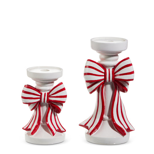 Red & White Striped Bow Candlestick Holders – Set of 2