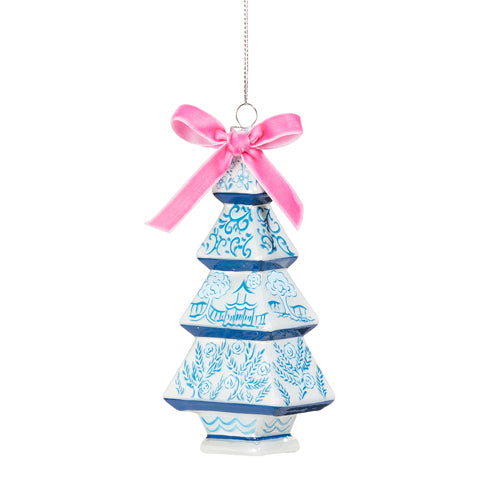Blue & White Tree Ornament with Pink Bow – 5.25"