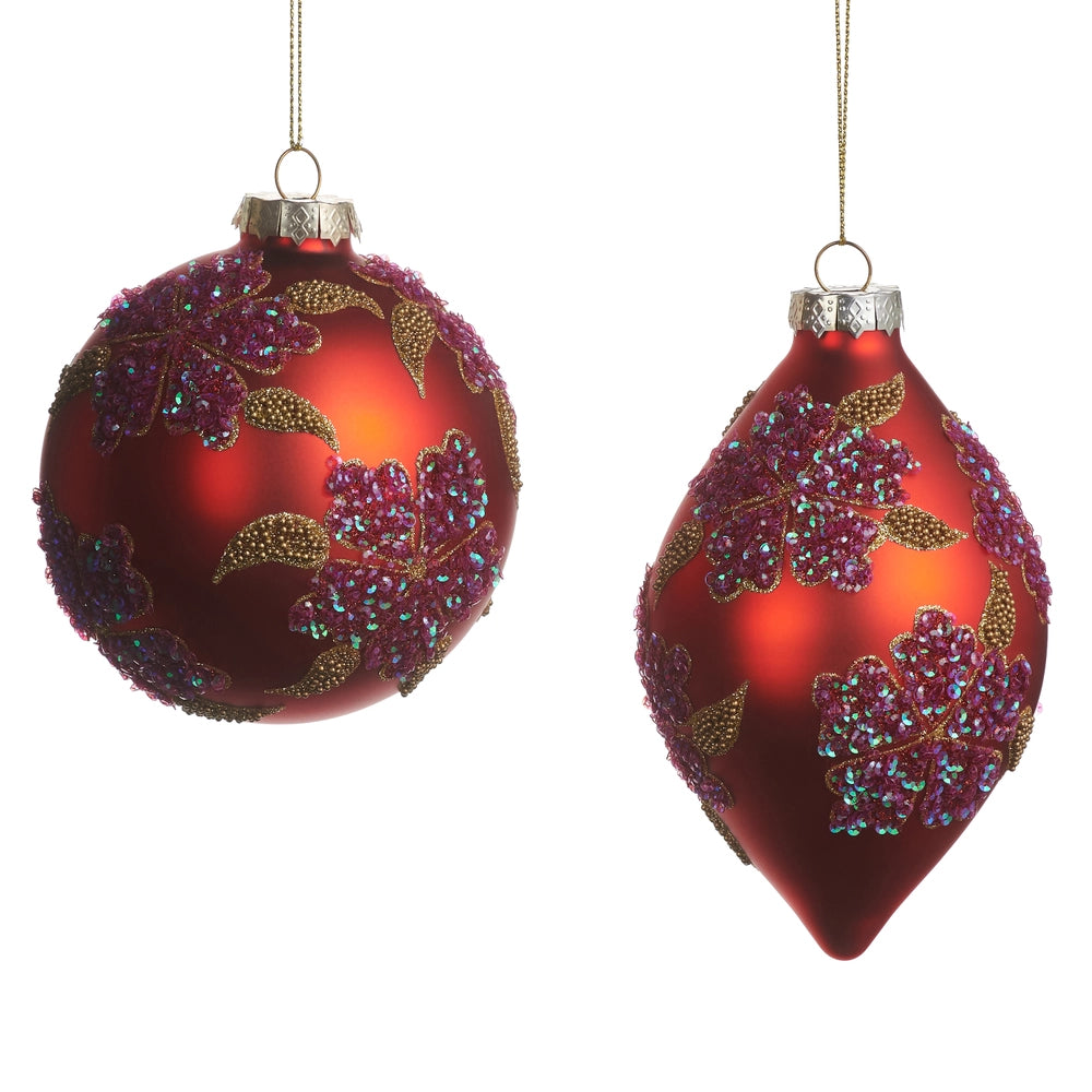 4" Glittered Floral Ball & Finial Ornament
