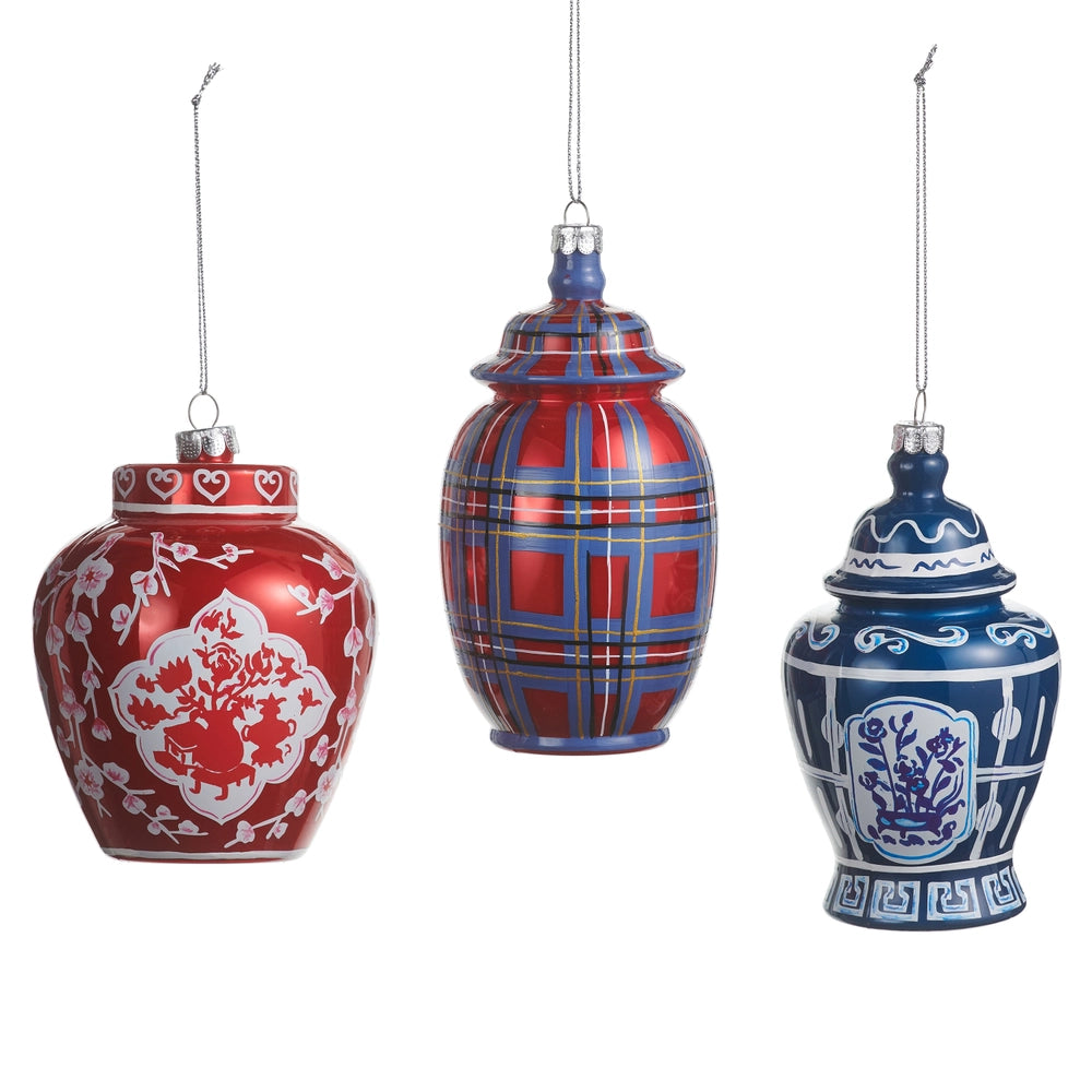 5" Dressed in Plaid Chinoiserie Glass Ornament – 3 Styles