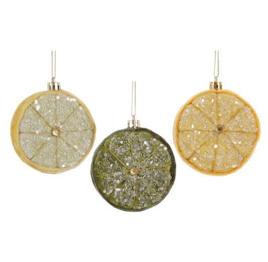 3” Beaded Sliced Lemon Ornament Set – Yellow & Green (Set of 3)