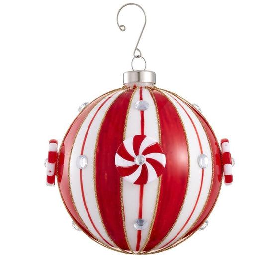 4.75” Glittered Candy Glass Ball Ornament – Red & White