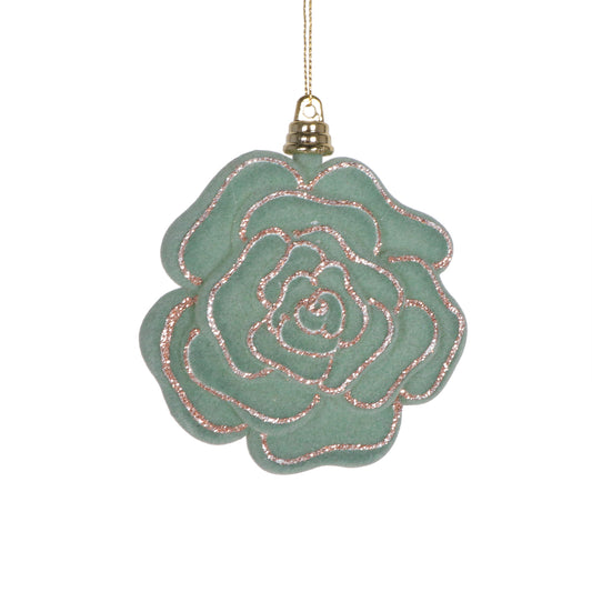 4" Velvet Green Rose Ornament -Glitter Trim