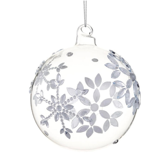4” Rhinestone Snowflake Glass Ball Ornament – Clear