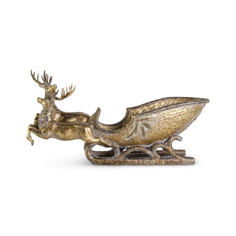 25" Antique Gold Reindeer Sleigh – Resin