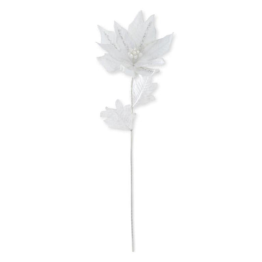 30" White Velvet Poinsettia Stem with Sequins