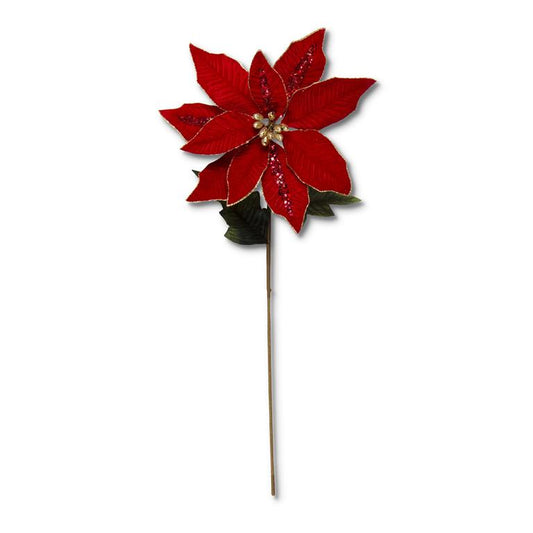 30" Red Velvet Poinsettia Stem with Sequins