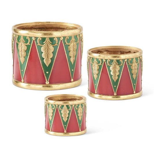 Set of 3 Red, Green & Gold Resin Nesting Drum Containers/Risers