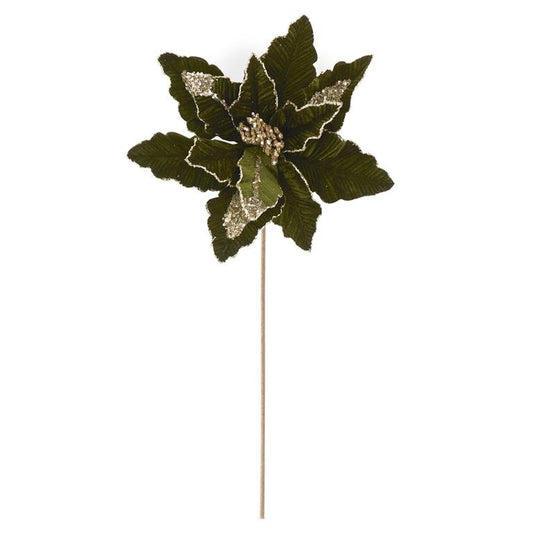 24" Dark Green Velvet Poinsettia Stem with Gold Glitter & Sequins