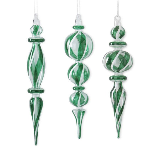 Green & White Glass Finial Ornaments – Sold Separately