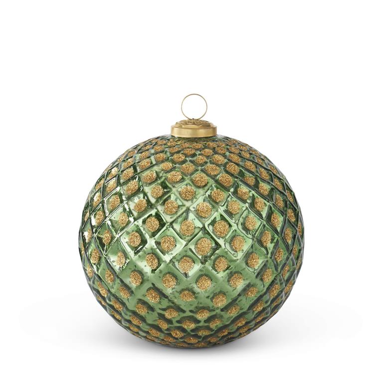 6" Green Glass Ornament with Gold Glitter Diamond Embossing