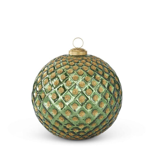 6" Green Glass Ornament with Gold Glitter Diamond Embossing