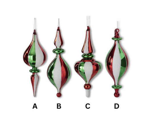 Red, Green & White Finial Ornaments – Sold Separately
