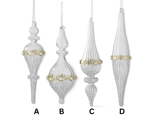 Ribbed Silver Glitter Glass Ornaments with Pearl & Jewel Accents – Sold Separately