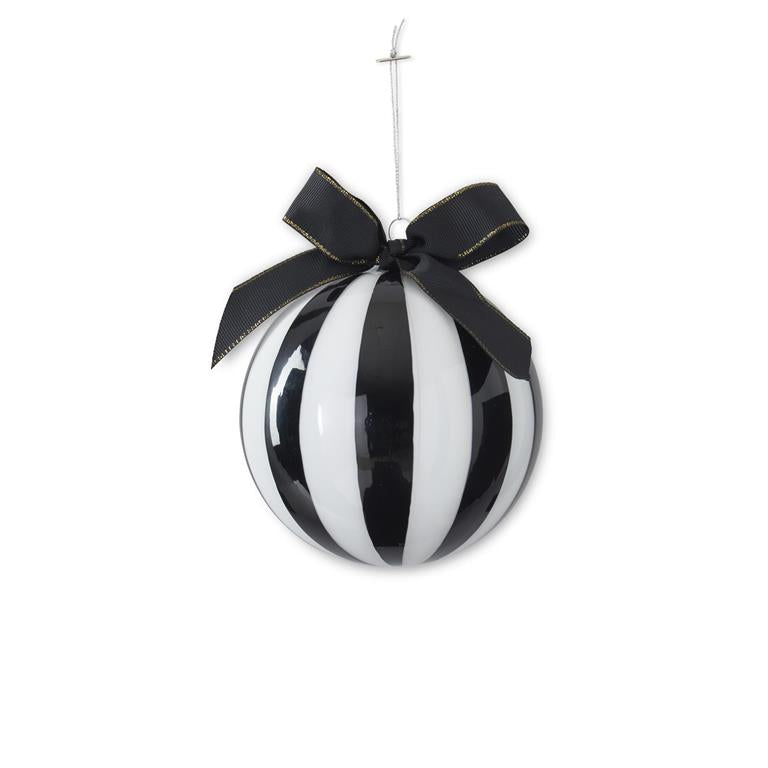 5" Black & White Striped Glass Ornament with Bow