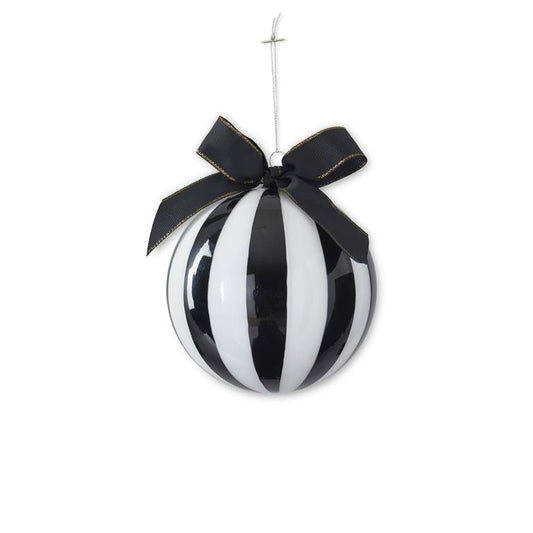 5" Black & White Striped Glass Ornament with Bow