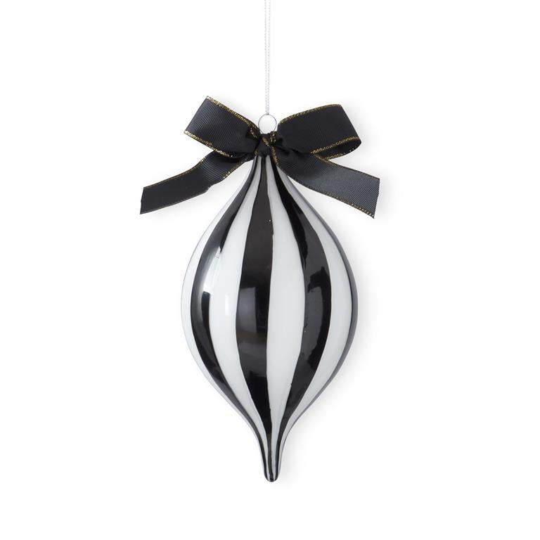 8" Black & White Striped Glass Drop Ornament with Bow