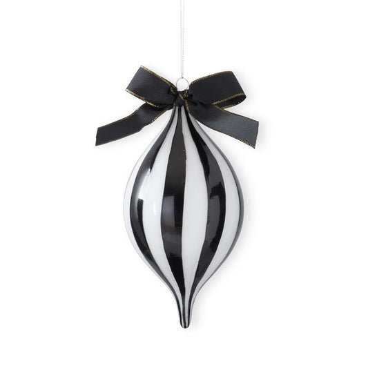 8" Black & White Striped Glass Drop Ornament with Bow