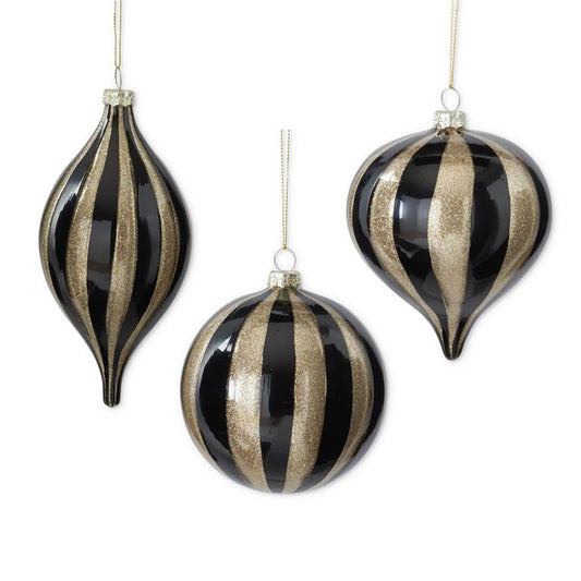 Black & Gold Striped Glass Ornaments – Sold Separately
