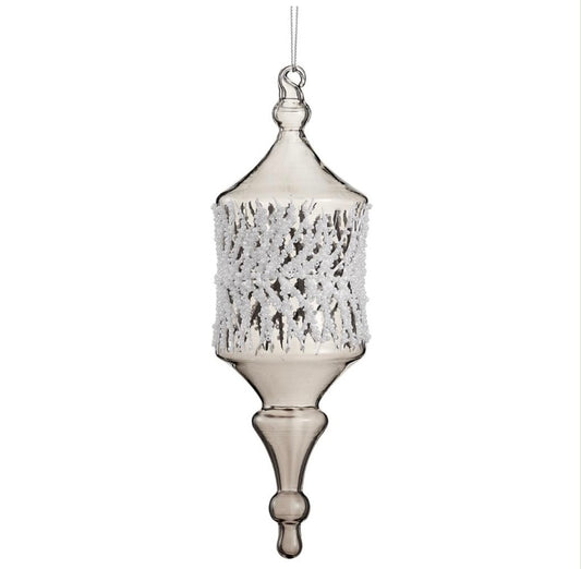 10” Snowed Pine Glass Finial Ornament – Smoke White