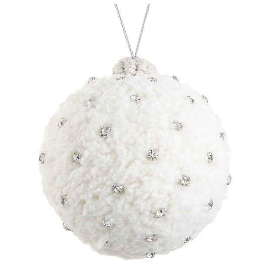 4” Jeweled Fleece Ball Ornament – Cream & Silver